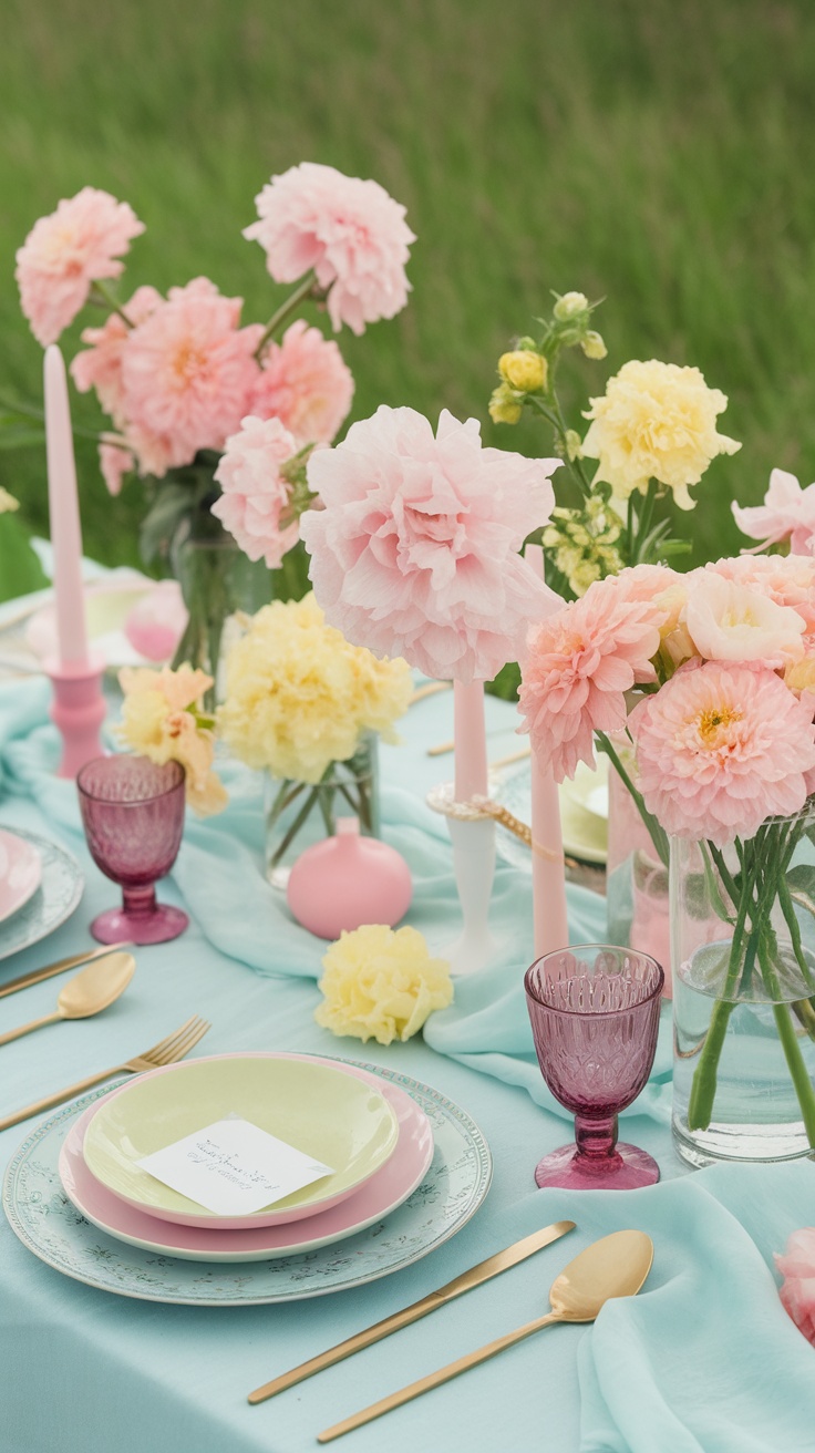 A spring table setting with pastel colored plates, flowers, and elegant cutlery.