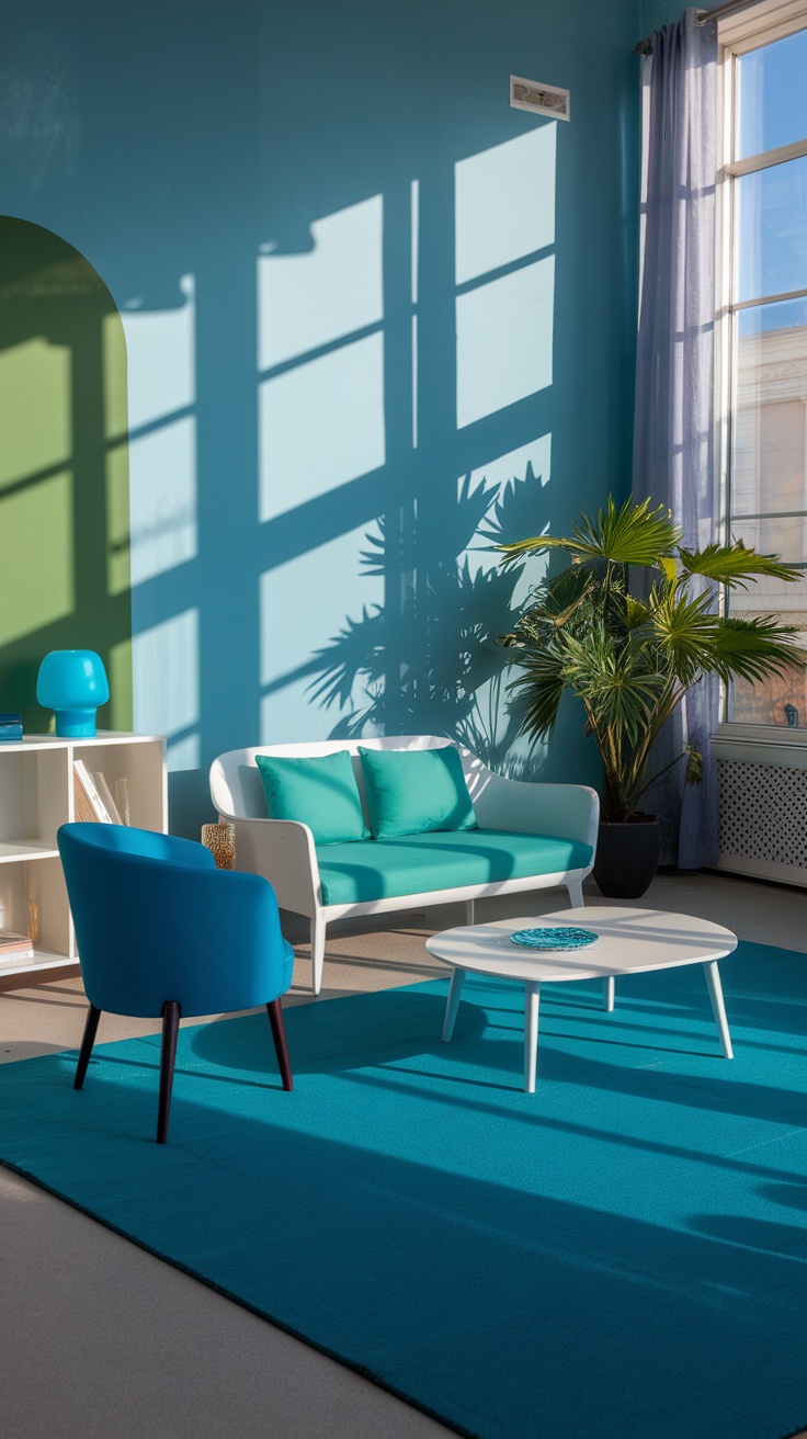 A blue and green living room with sunlight casting shadows on the walls.