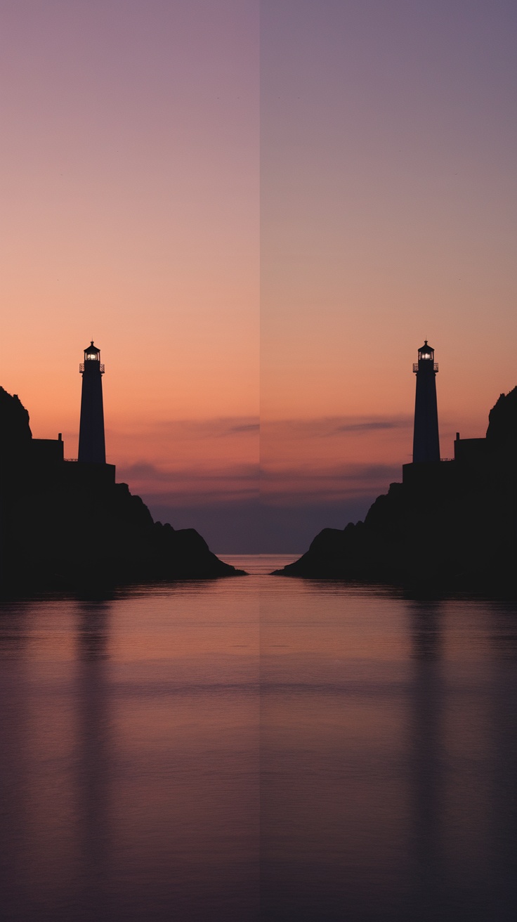 Silhouette of lighthouses at dusk with a colorful sky.