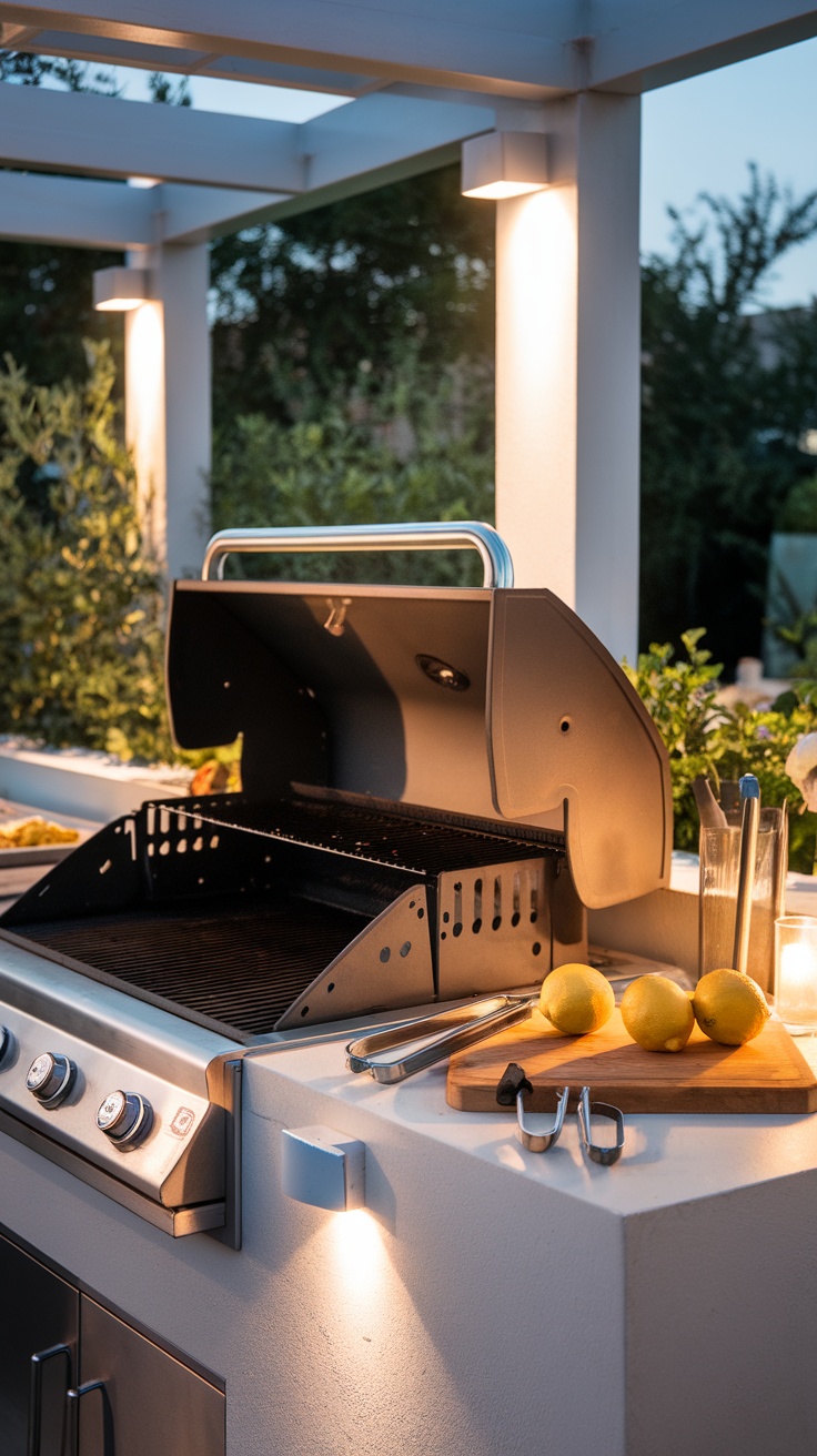 Backyard grilling area with a grill and lemons in soft evening lighting.