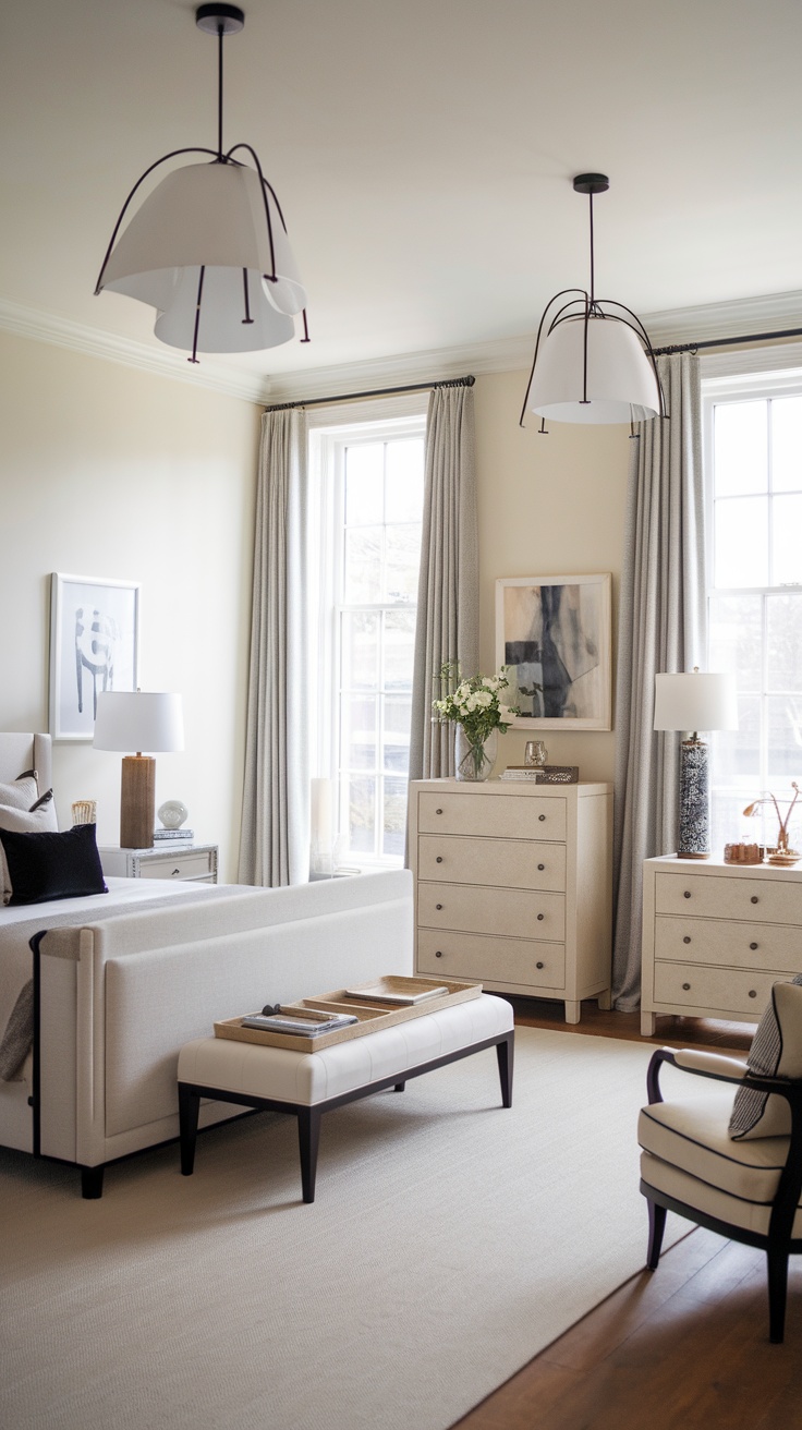 A neutral and black bedroom with soft lighting and decorative accents.