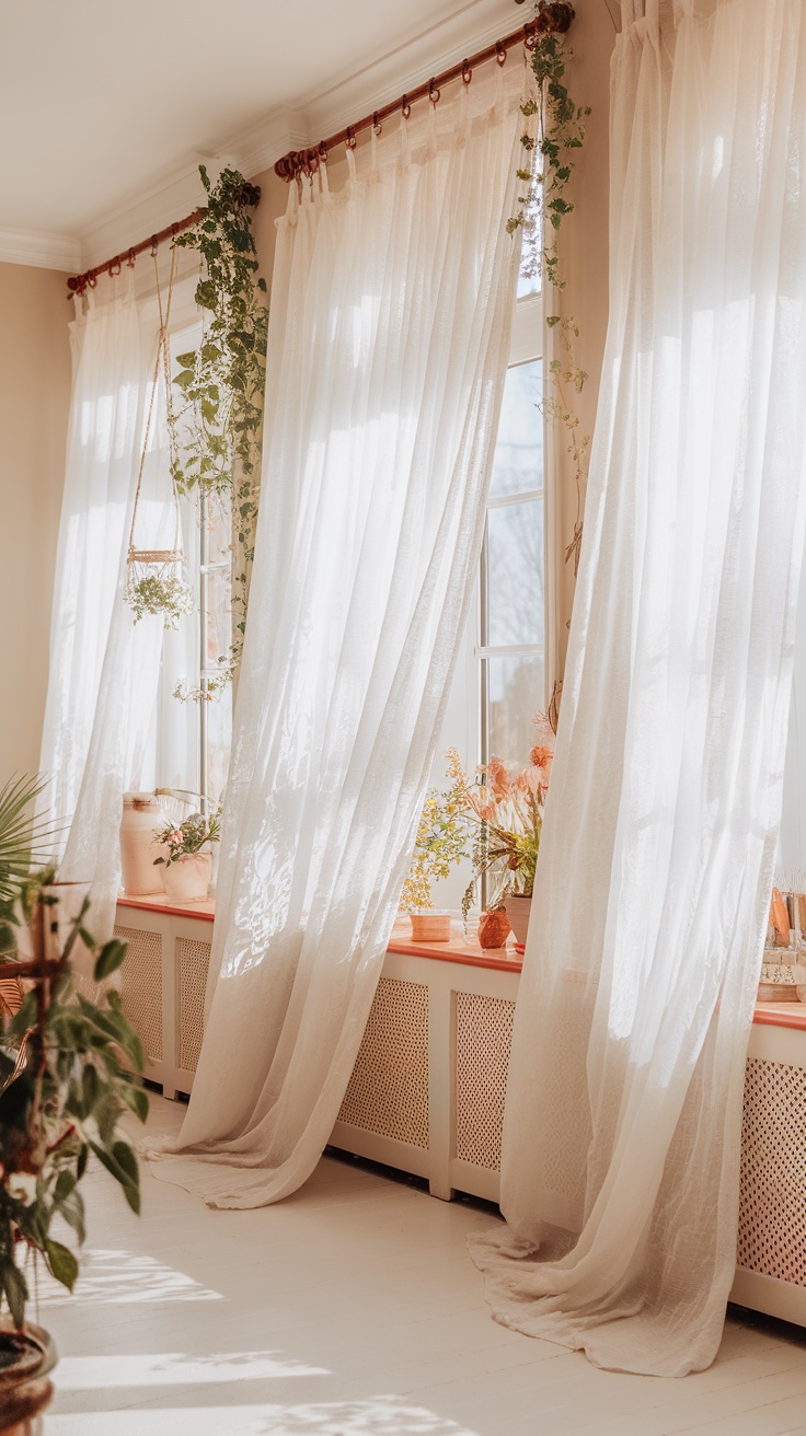 Lightweight curtains in a sunlit room with plants and flowers.