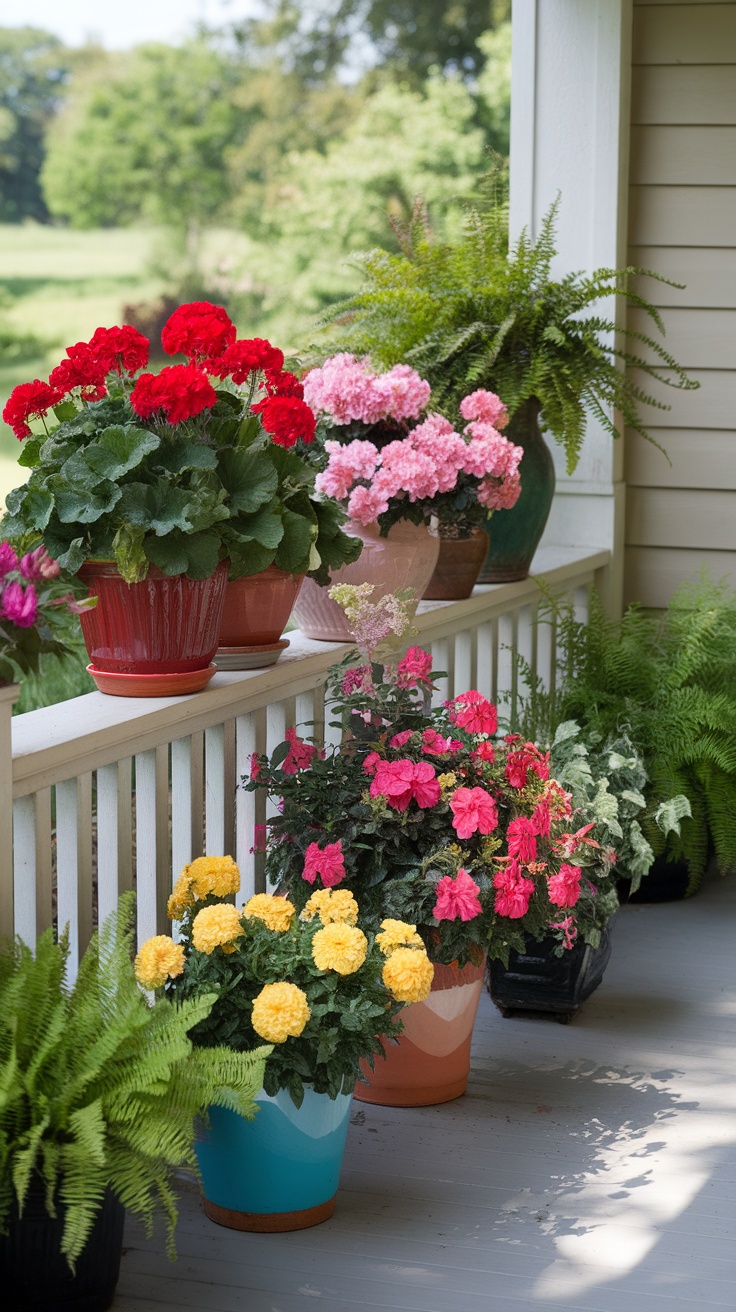 A front porch decorated with various potted plants, including red geraniums, pink flowers, and green ferns, creating a vibrant and inviting atmosphere.