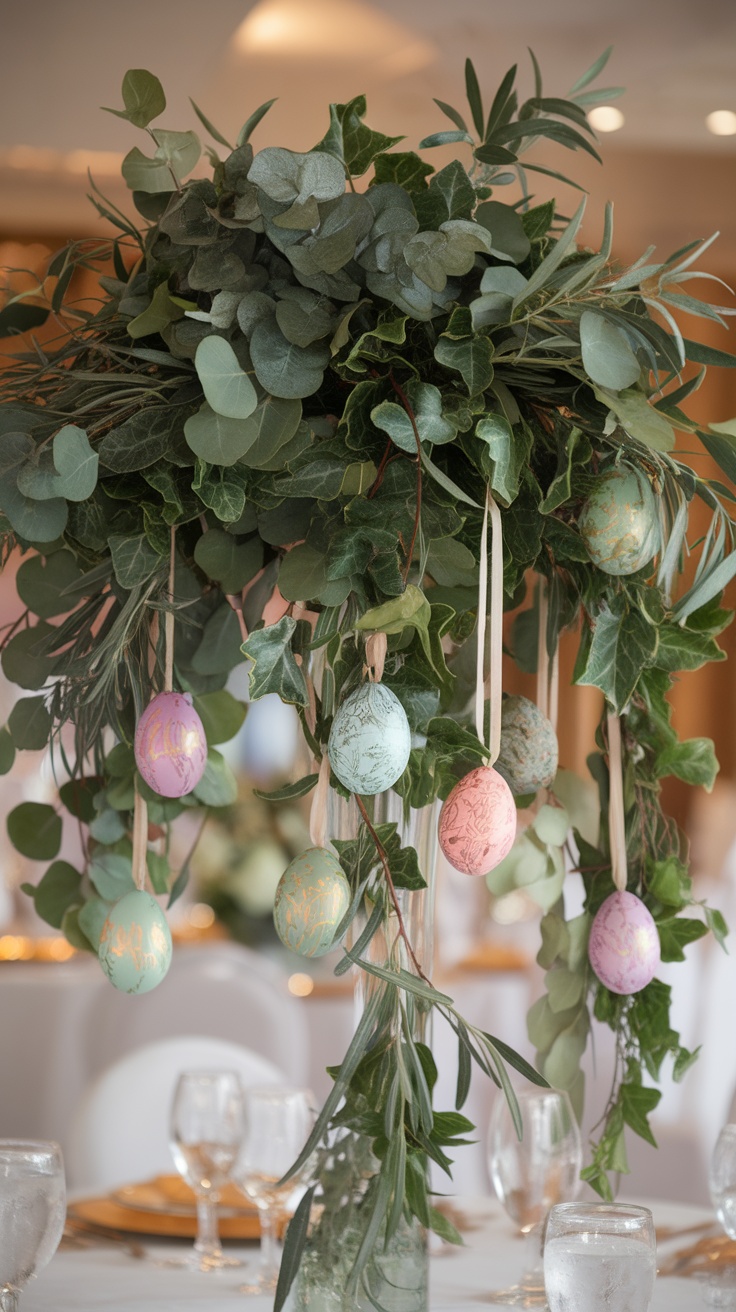A centerpiece featuring greenery and colorful hanging eggs for Easter decoration.