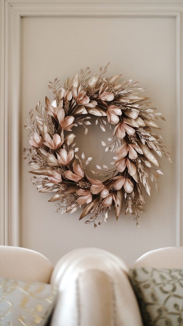 A beautifully arranged Easter wreath featuring metallic accents and soft petals.