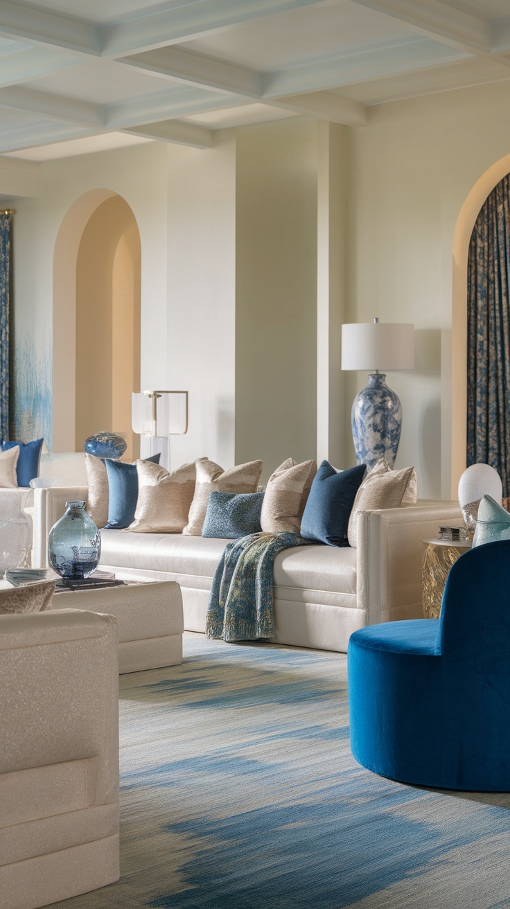 A stylish blue and white living room featuring plush seating, decorative pillows, and elegant accessories.