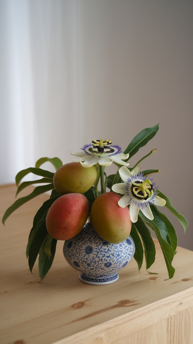 A floral display featuring mangoes and passionfruit flowers in a decorative vase.
