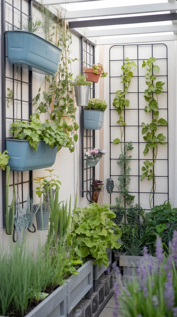 A small garden featuring wall planters and trellises with various plants.