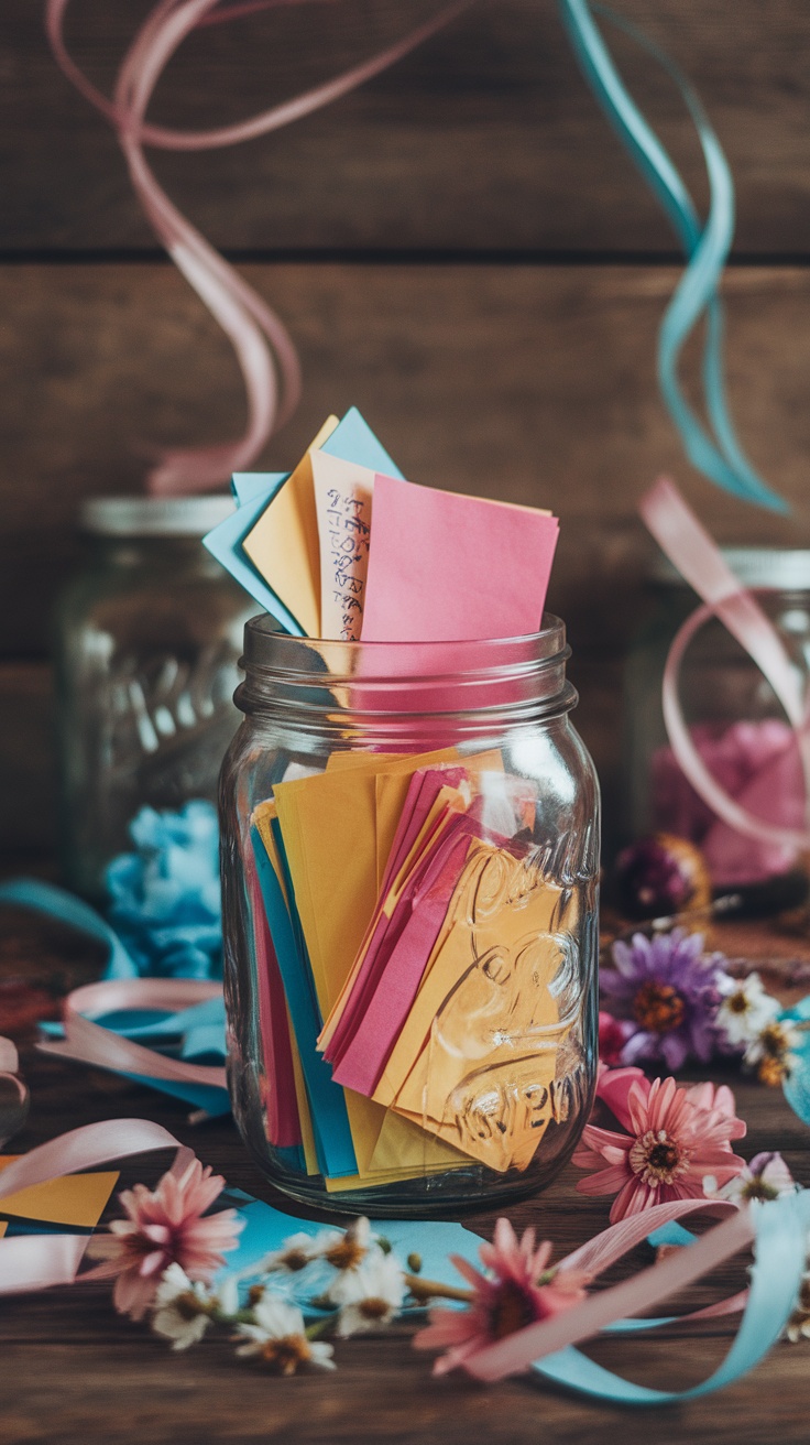 A jar filled with colorful paper notes surrounded by flowers and ribbons.