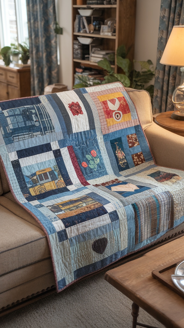 A colorful memory quilt displayed on a couch, showcasing various patterns and fabrics.