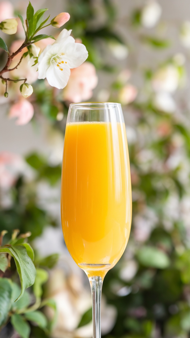 A glass of mimosa with fresh orange juice, surrounded by soft floral decorations.