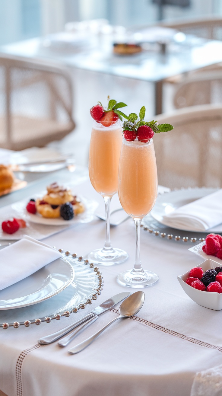 Two glasses of mimosas garnished with strawberries and mint on a beautifully set table with fruits.