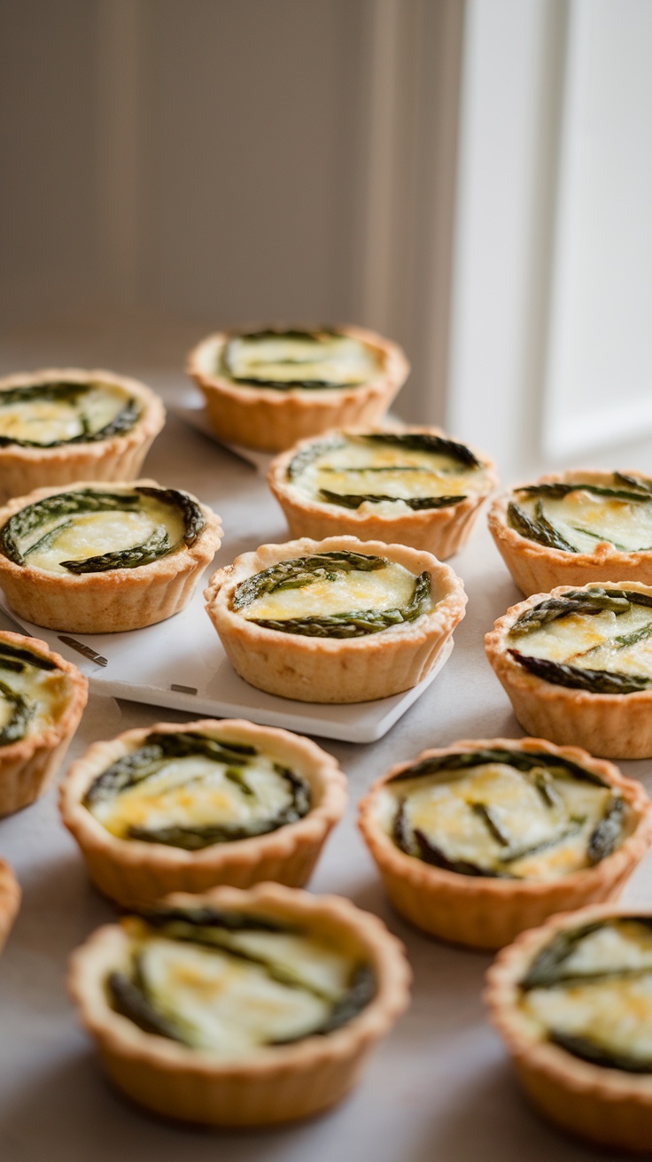 Mini quiches filled with asparagus arranged on a white platter.