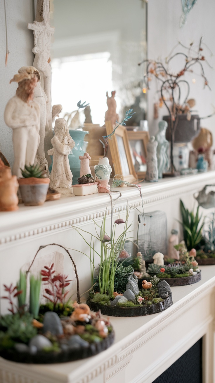 A cozy mantel decorated with miniature garden scenes, featuring small plants and decorative figures.