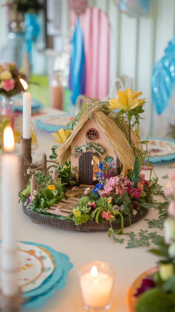 A miniature garden with a small house, surrounded by colorful flowers and a cozy atmosphere.