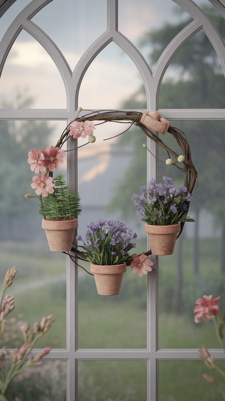 A miniature garden wreath with pots of flowers and greenery hanging on a window.