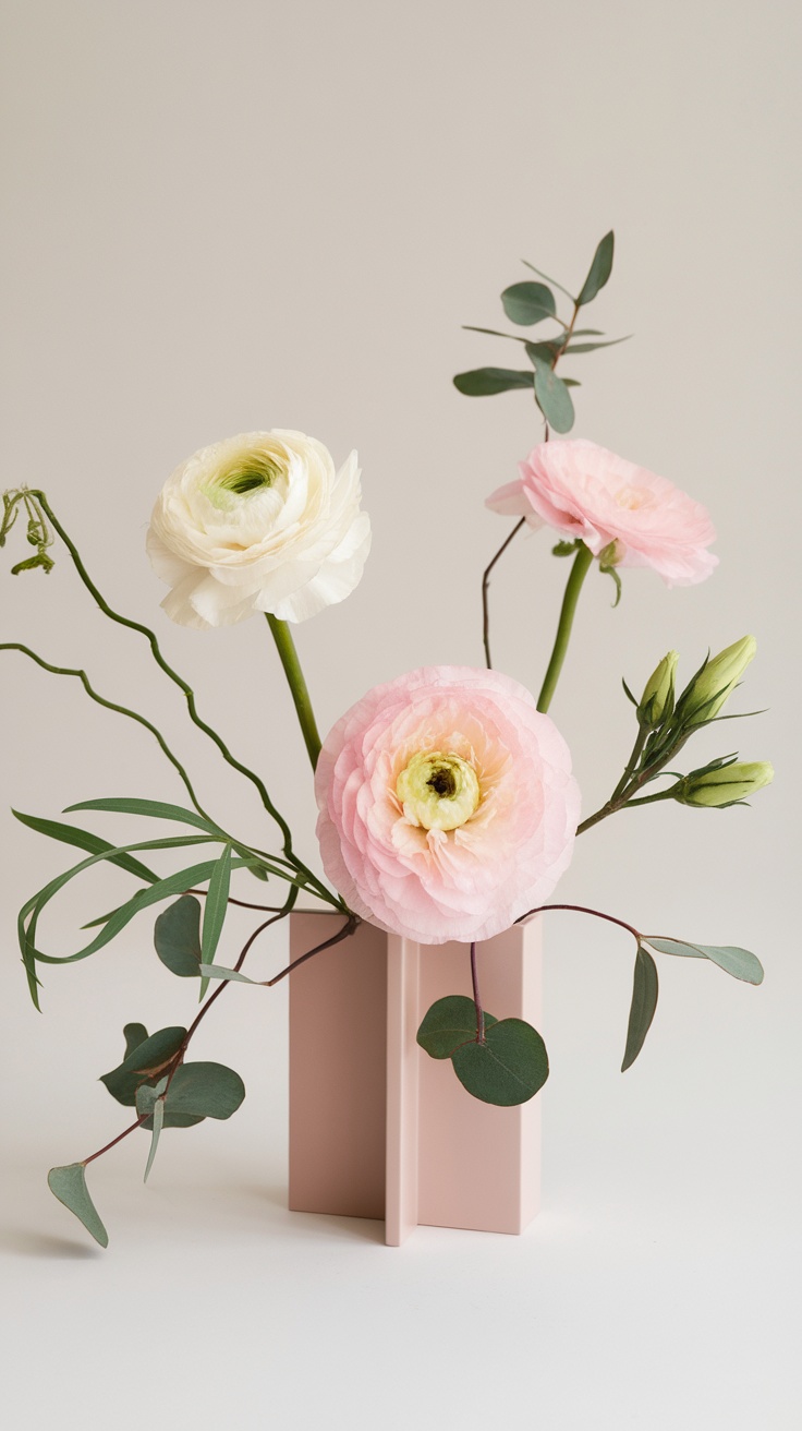 A minimalist flower arrangement featuring soft pink and white ranunculus in a simple pink vase.