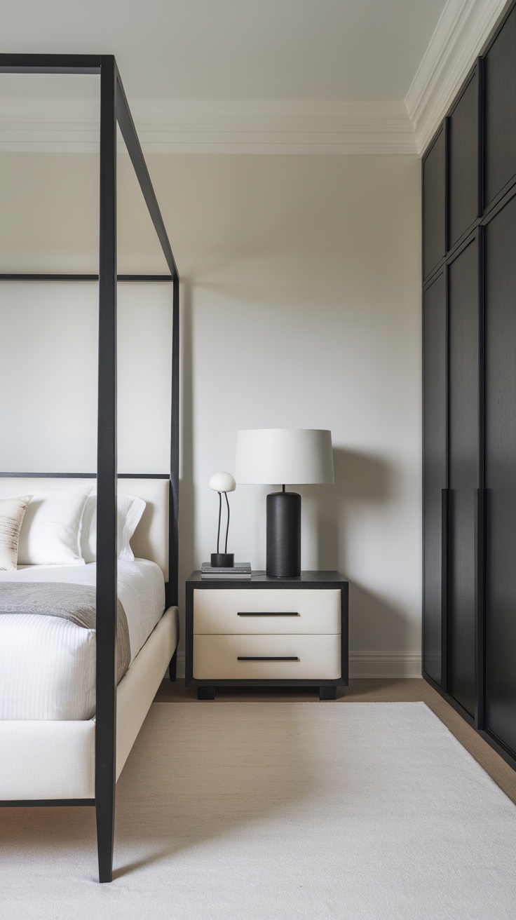 A minimalist bedroom featuring a black and neutral color scheme with a four-poster bed, nightstand, lamp, and wardrobe.