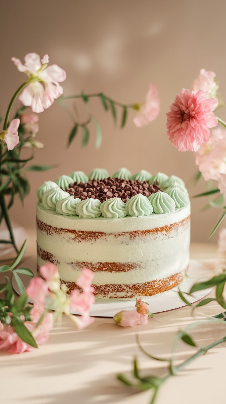 A mint chocolate chip celebration cake decorated with green frosting and chocolate chips, surrounded by pink flowers.