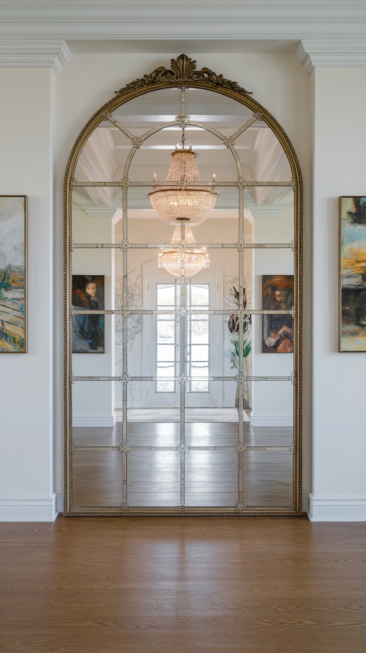 A large decorative mirror in an elegant entryway with a chandelier.