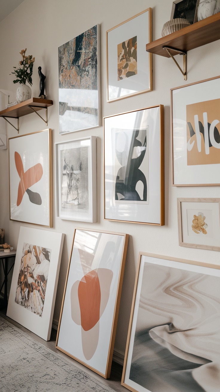 A gallery wall featuring a variety of framed fine art and prints in different styles and colors.