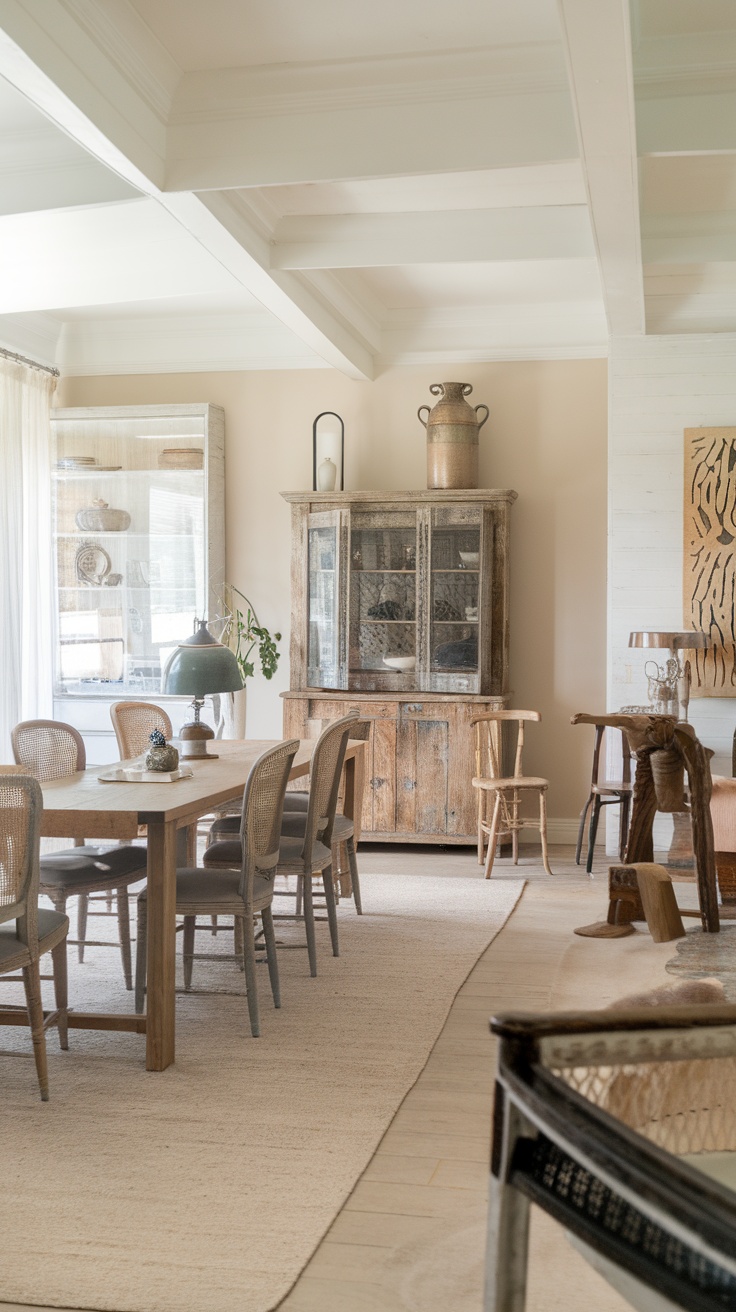 A modern farmhouse dining room featuring a mix of vintage and modern decor.