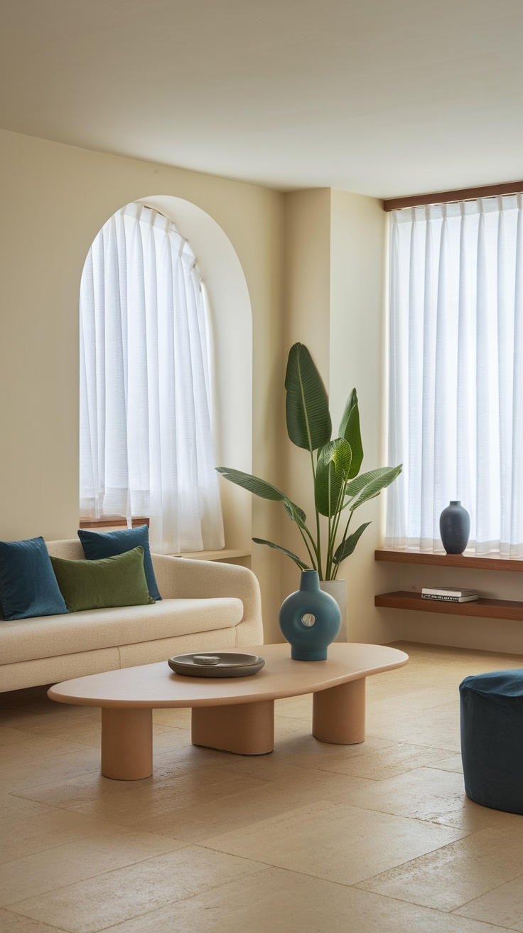 A cozy living room featuring a beige sofa with blue and green pillows, a round coffee table, and plants.