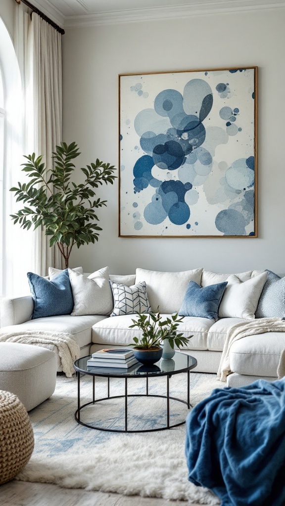 A cozy living room featuring various shades of blue in furniture and decor.