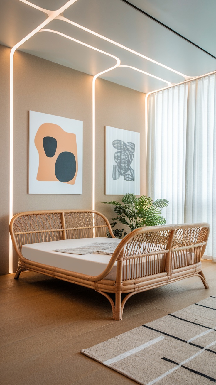 A rattan bed in a modern bedroom with contemporary art and plants.