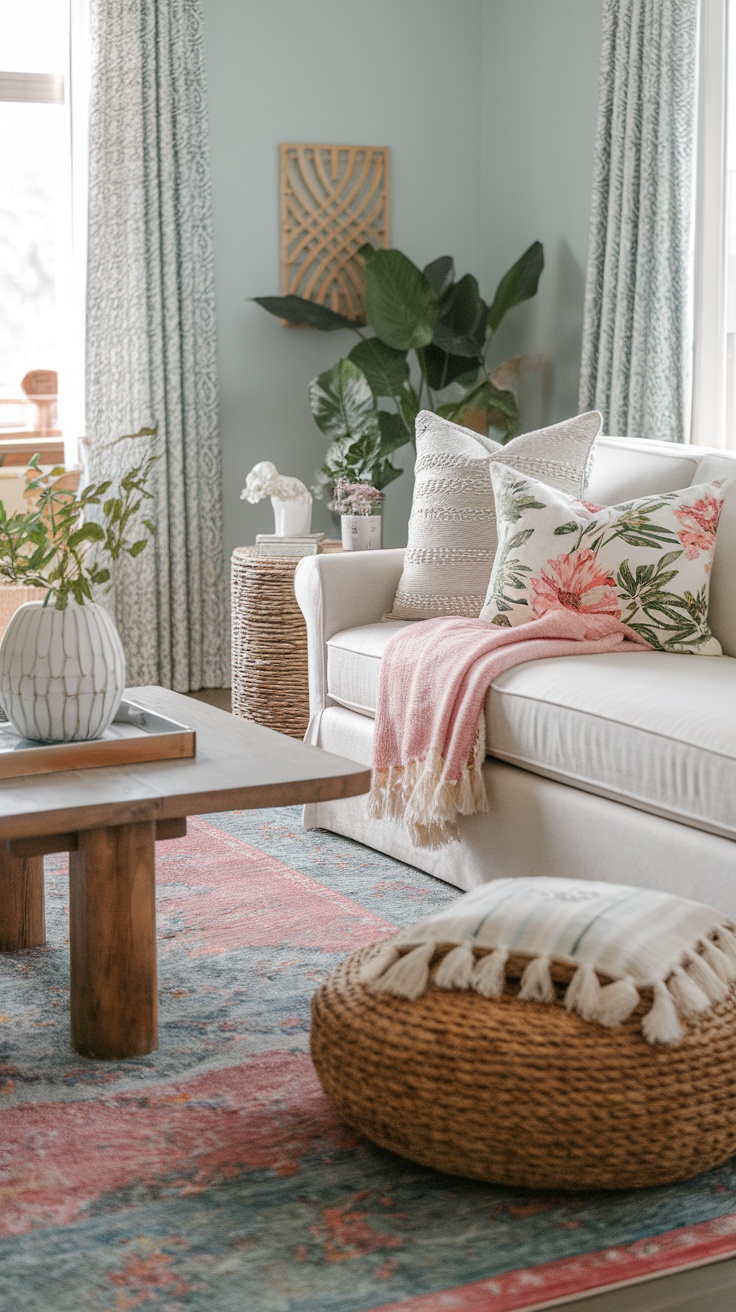 A cozy living room decorated with floral pillows, a woven pouf, and a colorful rug.