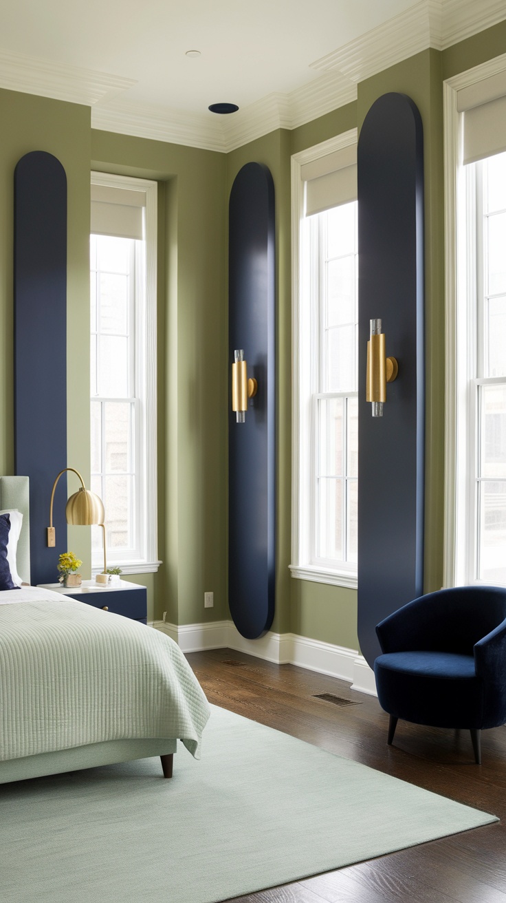 A stylish bedroom featuring sage green walls and bold navy accents.