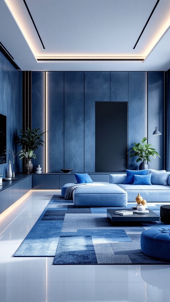 Modern minimalist living room featuring a blue color palette and simple furniture.