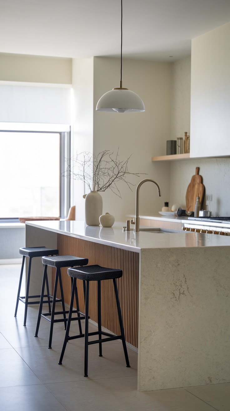 Modern minimalist kitchen island with quartz countertop and wooden paneling, featuring bar stools and stylish pendant lighting.