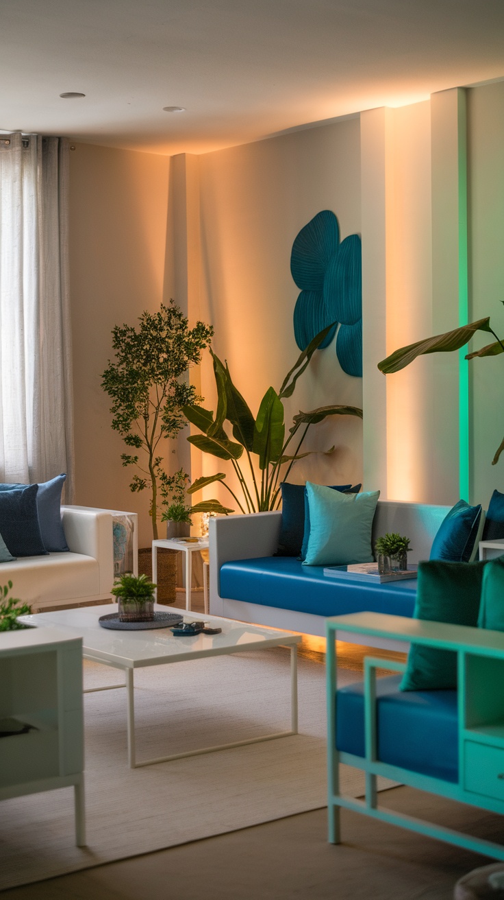 A blue and green living room with mood lighting and plants.
