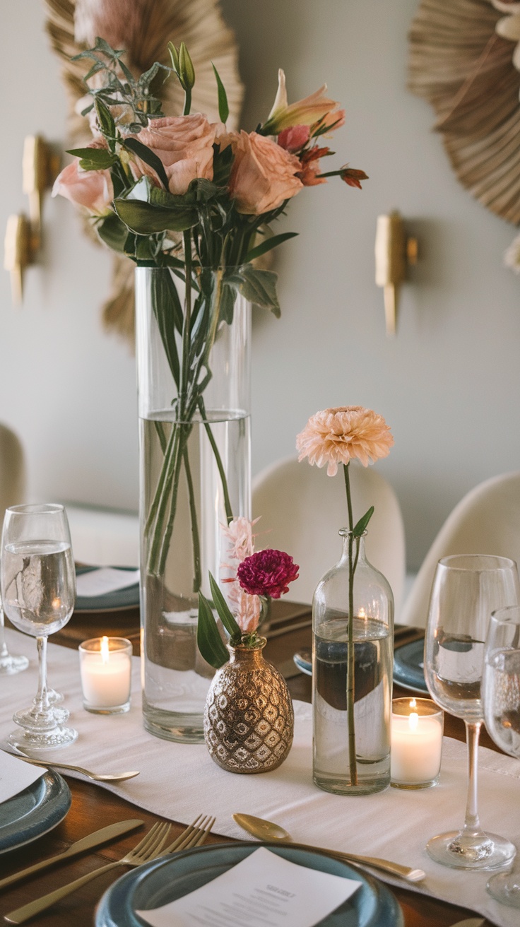 A multi-layered tablescape featuring various vases, candles, and greenery on different levels.
