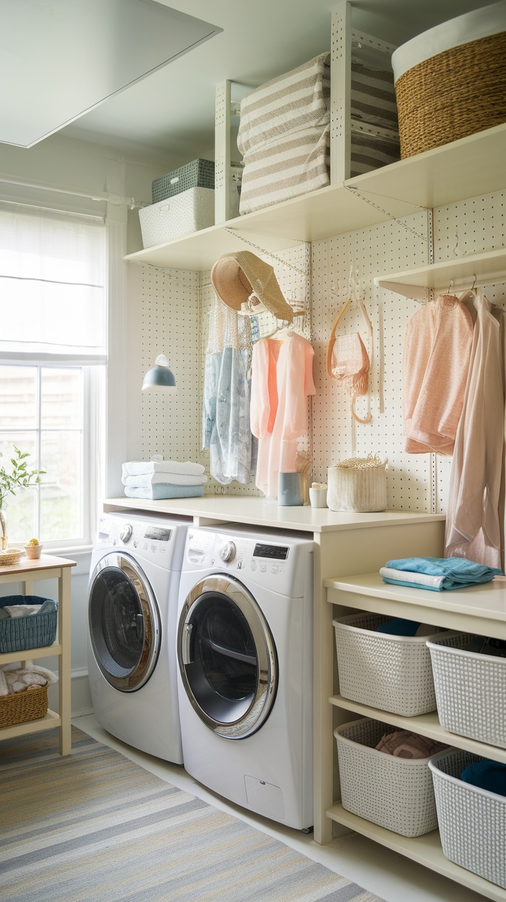 Bright laundry room with modern appliances and organized shelves