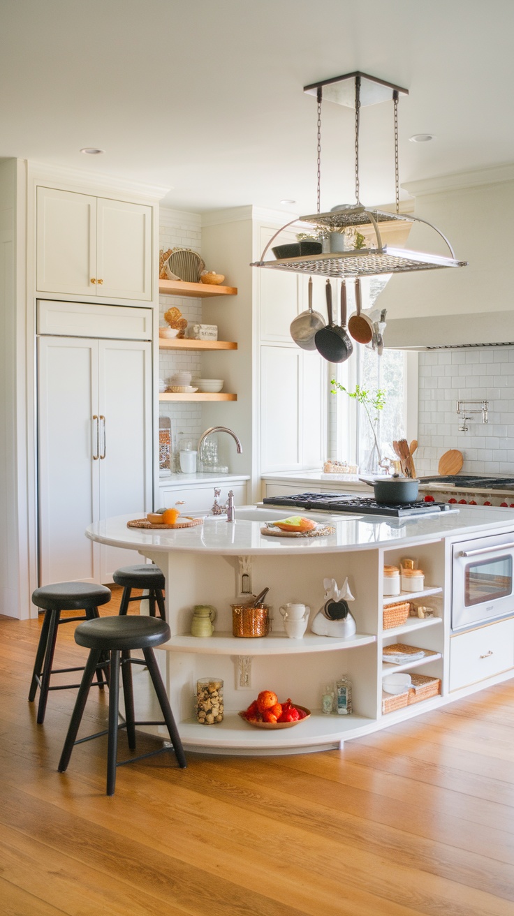 A multifunctional kitchen island with seating, showcasing a stylish and organized kitchen space