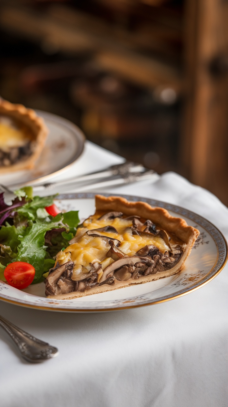 A slice of mushroom and Gruyère tart on a plate with salad and cherry tomatoes.