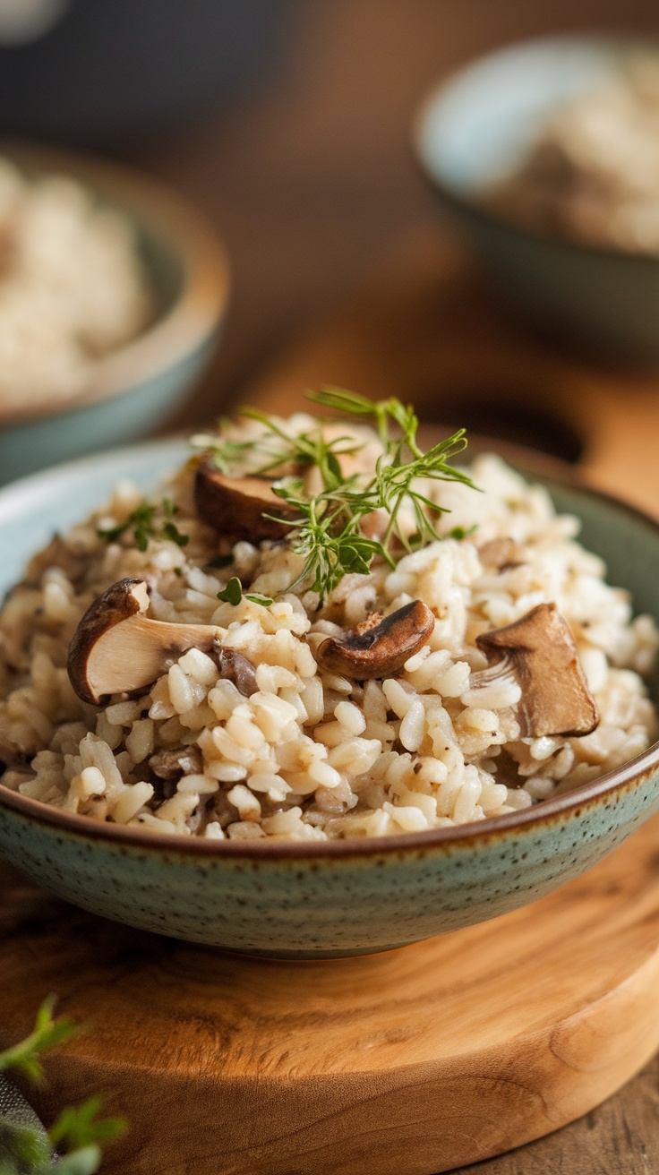A bowl of mushroom and wild rice pilaf garnished with herbs.