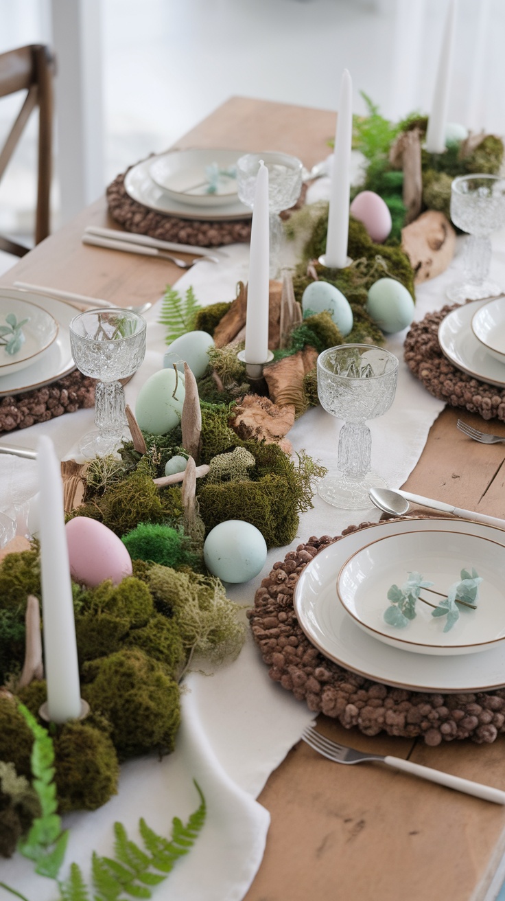 Easter tablescape featuring moss, pastel eggs, and greenery.