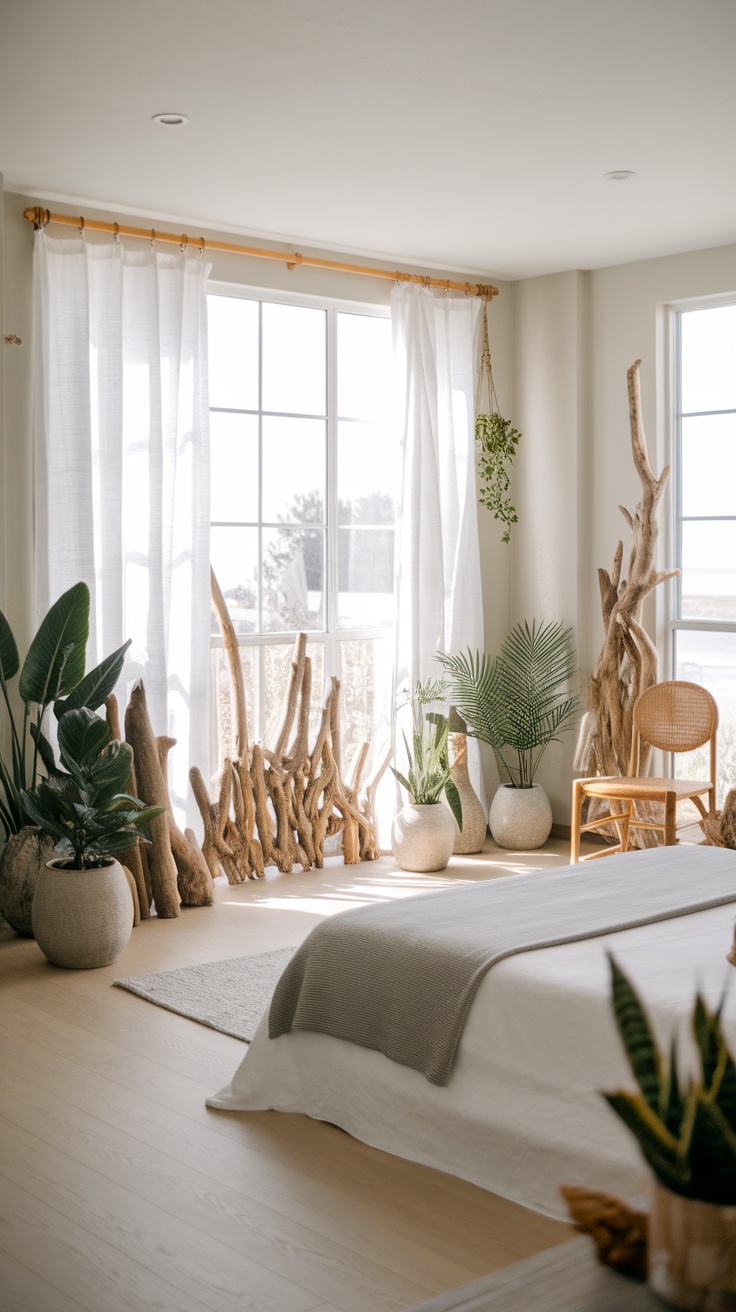 A coastal cowgirl bedroom with natural elements like plants and driftwood.