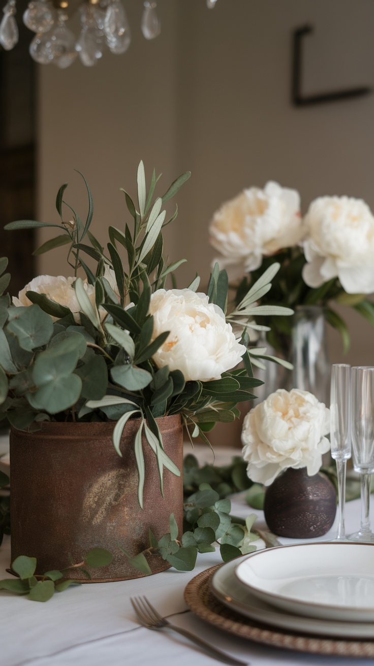 A rustic centerpiece featuring peonies and eucalyptus in a vintage pot, with elegant table settings in a modern farmhouse dining room.
