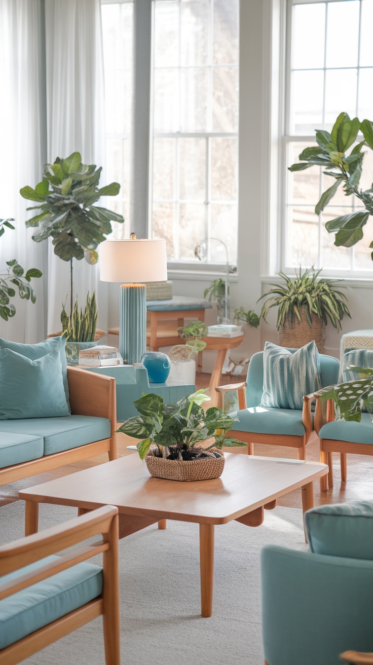 A blue and green living room featuring plants, cozy seating, and natural light.