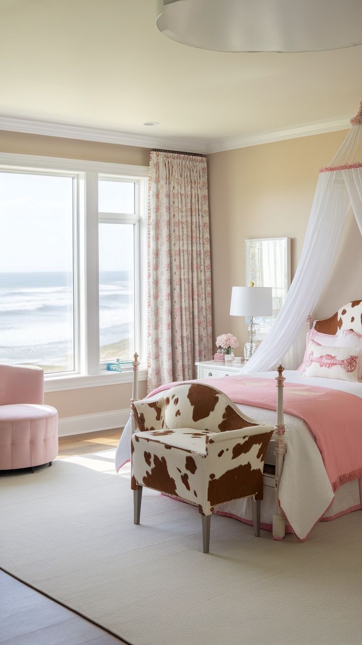 Coastal cowgirl bedroom with large windows overlooking the ocean