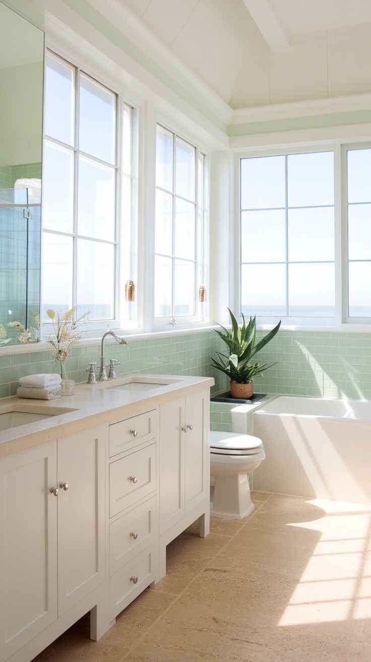 A bright coastal bathroom with large windows, light green tiles, and a plant by the bathtub.