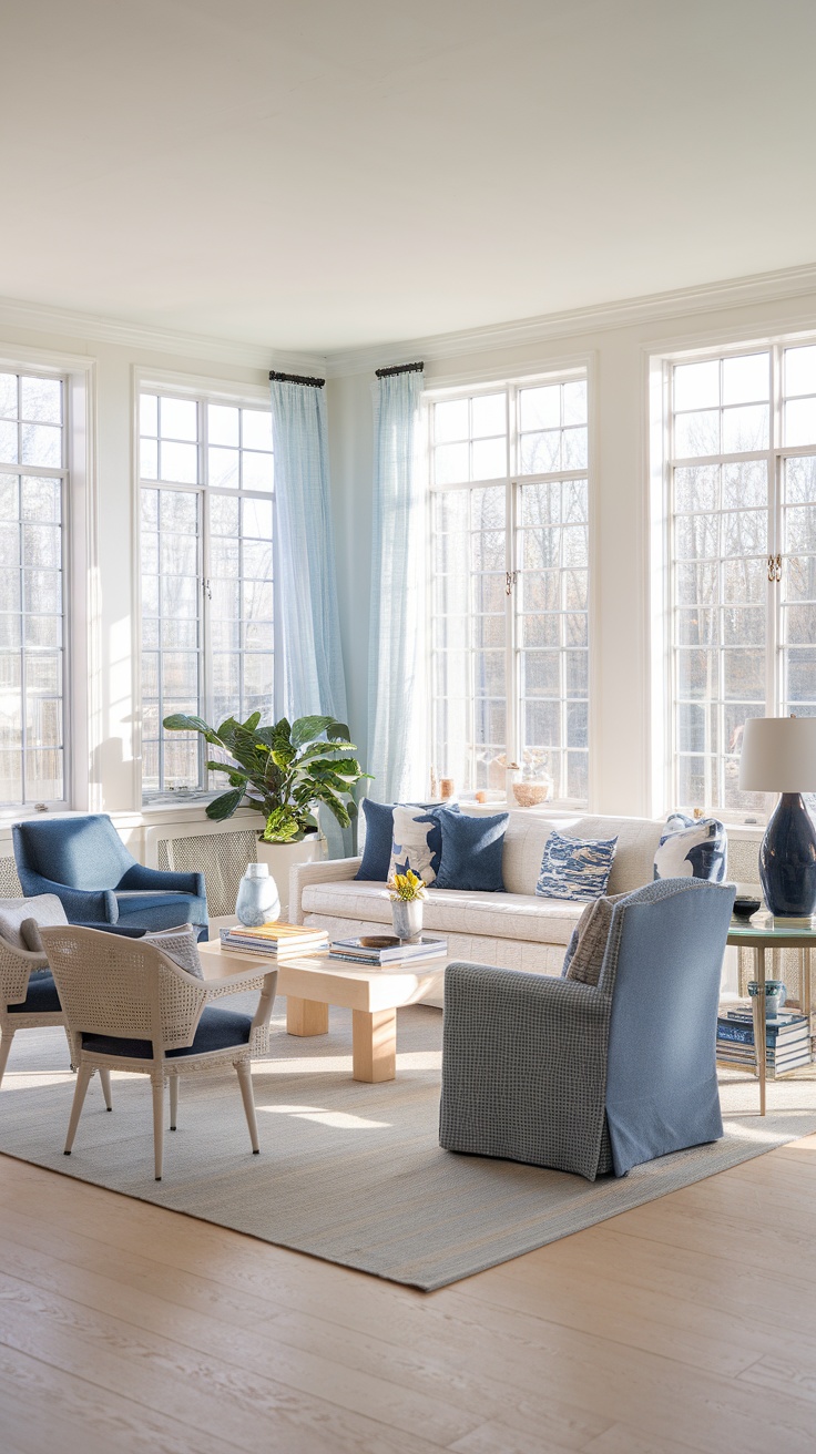 A bright living room with blue and white decor, featuring large windows and natural light.