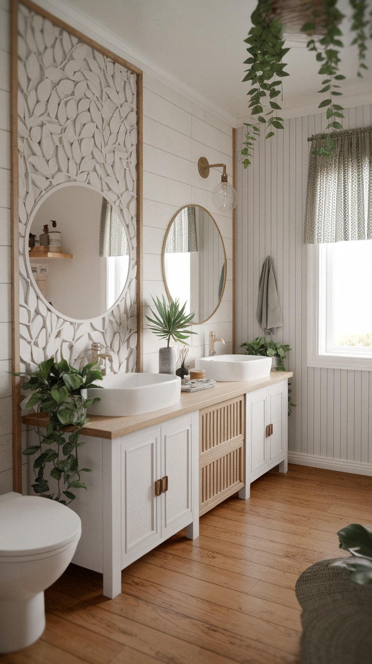 A modern farmhouse bathroom with plants, wooden accents, and natural textures.