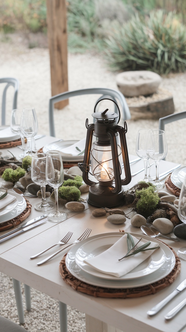 A beautifully arranged table featuring natural elements like pebbles, moss, and a lantern.