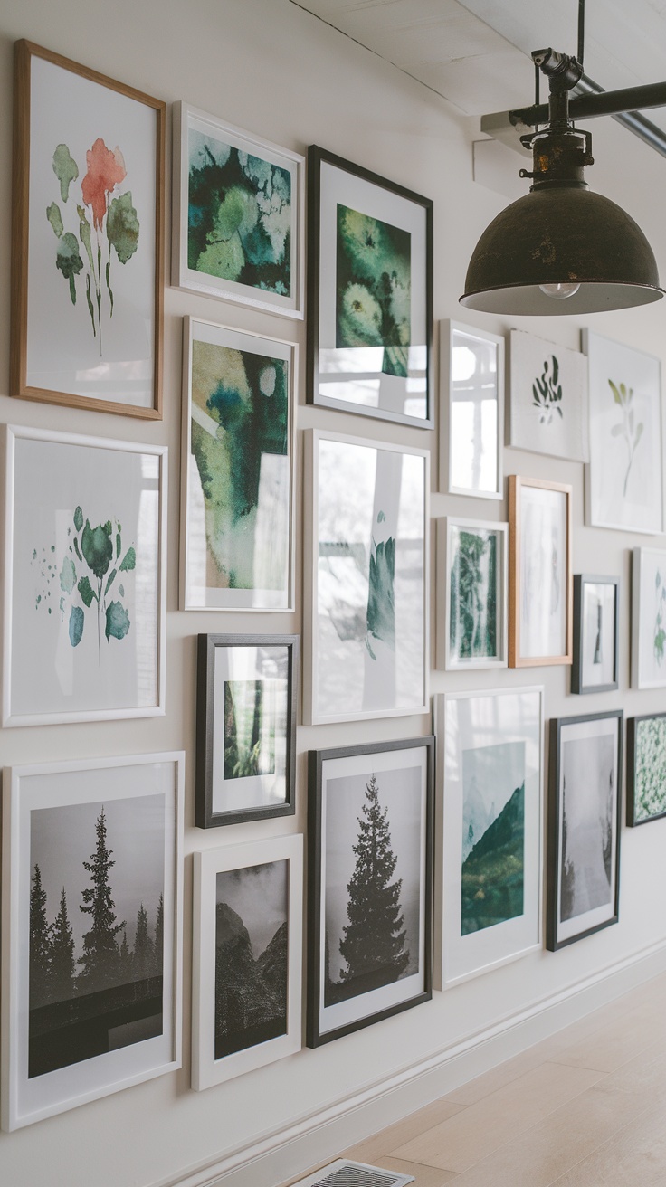A collage of nature-inspired wall art featuring various styles of framed artwork in green and black tones.