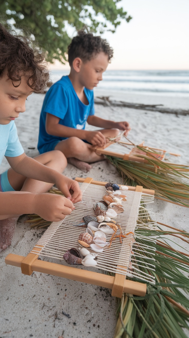 Two kids weaving with beach finds on the sand